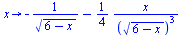 proc (x) options operator, arrow; `+`(`-`(`/`(1, `*`(sqrt(`+`(6, `-`(x)))))), `-`(`/`(`*`(`/`(1, 4), `*`(x)), `*`(`^`(sqrt(`+`(6, `-`(x))), 3))))) end proc