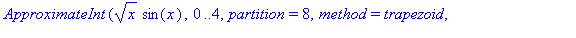 ApproximateInt(x^(1/2)*sin(x), 0 .. 4, partition = 8, method = trapezoid, partitiontype = normal, output = plot)